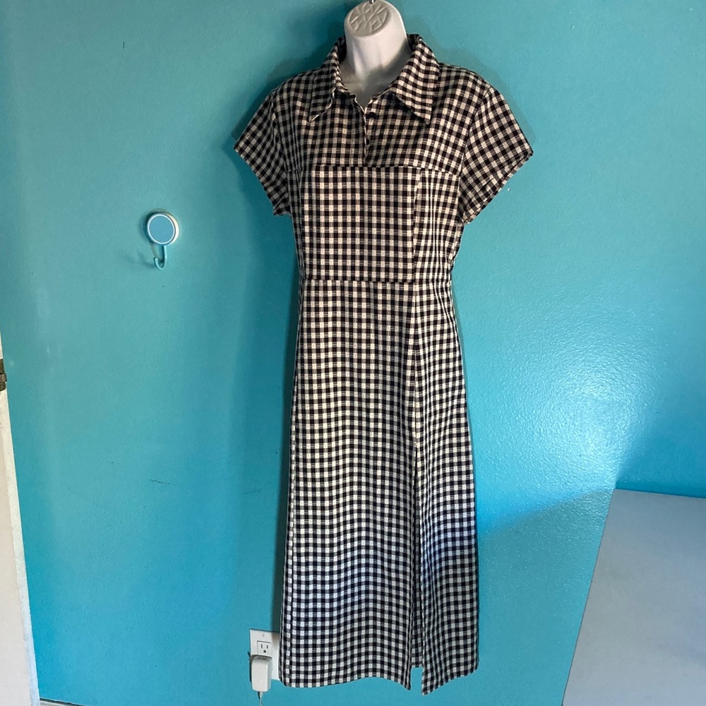 Ghospell Womens Size M Fitted Midi Maxi Plaid Shirt Dress with Side Zipper